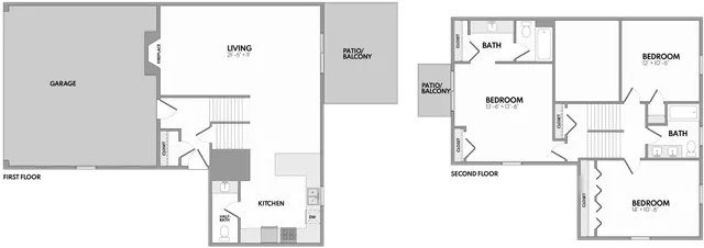 Modern floor plan showcasing a spacious garage, open-concept living area, large kitchen, and two bedrooms with connected baths. Features include two patios for outdoor enjoyment.