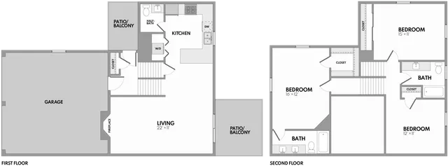 Modern two-story floor plan featuring a spacious living room with fireplace, two bedrooms, kitchen with patio/balcony, and garage.
