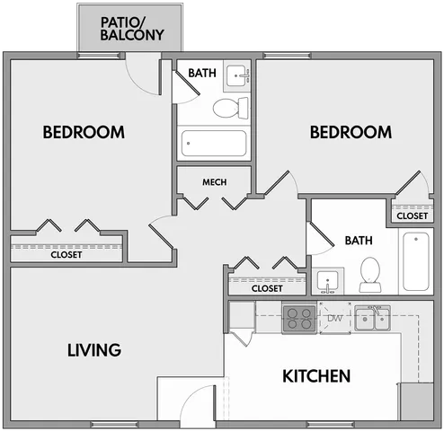 Contemporary 2D floor plan displaying 2 bedrooms, open living area, modern kitchen, and private patio/balcony.