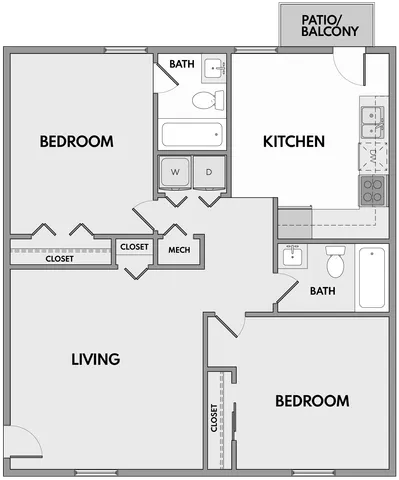 Inviting floor plan with 2 spacious bedrooms, open living area, modern kitchen, and charming patio/balcony.