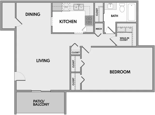 Modern floor plan showcasing a spacious one-bedroom layout with open living and dining areas, a stylish kitchen, and a private patio.
