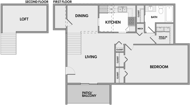 Chic multi-level floor plan showcasing a spacious loft, elegant bedroom with walk-in closet, open-concept living and dining areas, modern kitchen, and private patio/balcony.