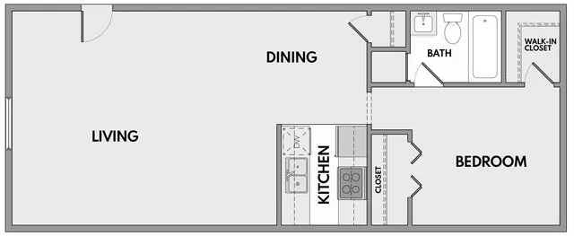 Modern 1-bedroom apartment floor plan featuring an open living and dining area, efficient kitchen, spacious bath, and walk-in closet.