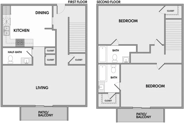 Modern two-story floor plan featuring an open-concept kitchen and dining area, spacious living room with patio access, two large bedrooms with private baths, and generous closet space.