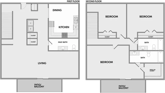 Charming two-story floor plan featuring spacious living area, modern kitchen with dining space, three cozy bedrooms, and two and a half baths. Includes walk-in closets and dual patios for outdoor relaxation.