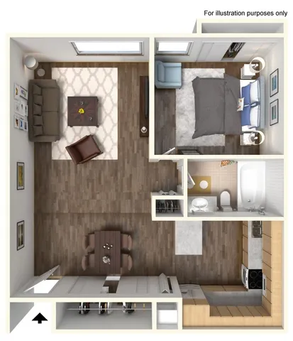 Chic floor plan showcasing an inviting 1-bedroom apartment with a cozy living area, modern kitchen, and stylish bathroom.