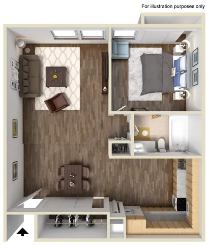 Elegant 2D floor plan showcasing a cozy 1-bedroom apartment with an inviting living room, modern kitchen, and spacious bathroom.