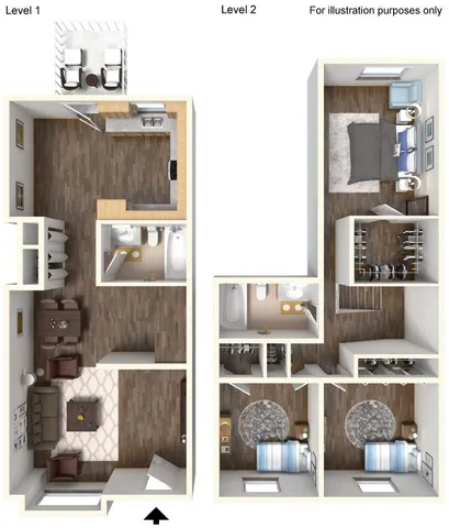 Contemporary two-level floor plan with three cozy bedrooms, an inviting living area, modern kitchen, and balcony space; ideal for family living.
