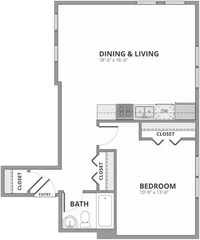 Modern 1-bedroom floor plan featuring spacious dining and living area, sleek kitchen, and convenient bathroom layout.