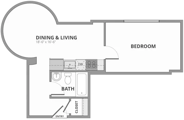Modern floor plan showcasing a spacious one-bedroom apartment with open dining and living area, efficient kitchen, and full bathroom.