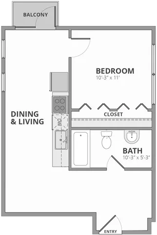 Inviting floor plan featuring a cozy bedroom, modern kitchen, dining and living area, bathroom, and private balcony.