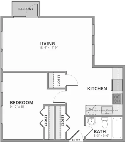 Modern 2D floor plan showcasing a spacious one-bedroom apartment with a balcony, open living area, sleek kitchen, and convenient bath.