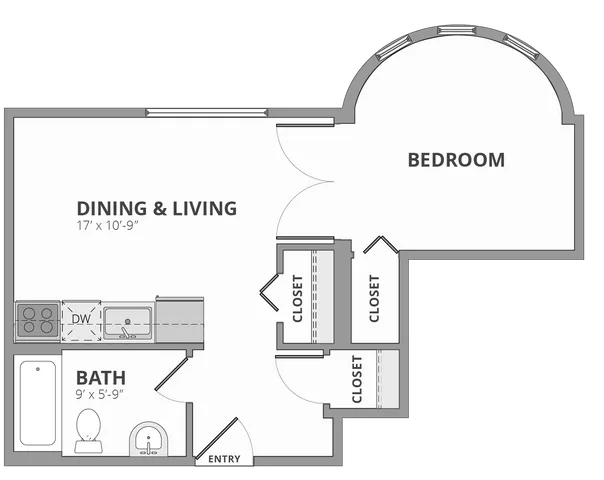 Modern floor plan showcasing a spacious bedroom, open dining and living area, and a well-equipped kitchen with ample closet space.