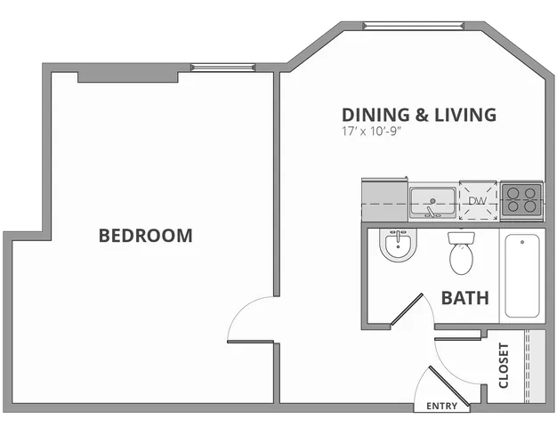 Chic floor plan showcasing a spacious bedroom, open dining and living area, and a modern bath with kitchen amenities.