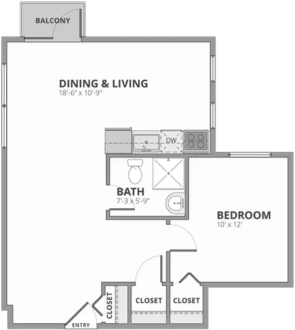 Modern floor plan showcasing a spacious 1-bedroom apartment with an open dining and living area, bathroom, two closets, and inviting balcony access.