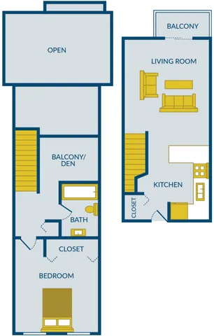 Charming duplex floor plan featuring one bedroom, a spacious den, a modern kitchen, cozy living room, balcony, and a bath.
