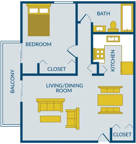 Modern 1-bedroom floor plan with an inviting balcony, sleek kitchen, and combined living/dining area.