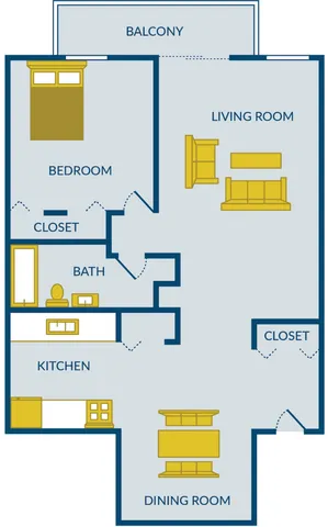 Inviting floor plan showcasing 1 bedroom, spacious living room with access to balcony, well-equipped kitchen, dining room, and convenient bath.