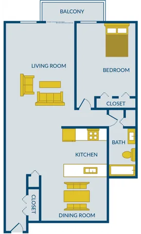 Modern floor plan featuring a spacious bedroom, open living and dining room, functional kitchen, and cozy balcony with ample storage closets.