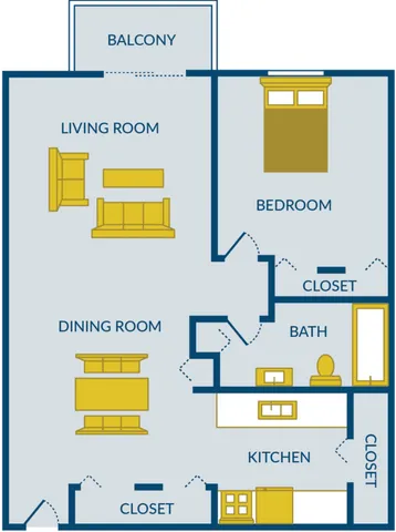 Elegant apartment floor plan with 1 bedroom, open-plan living and dining area, modern kitchen, and a balcony for outdoor relaxation.