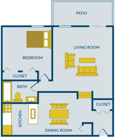 Modern apartment floor plan showcasing a bedroom, spacious living room, well-designed kitchen, dining room, bath, closet space, and a welcoming patio.