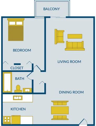 Modern floor plan featuring one bedroom, spacious living room, dining area, and a balcony.