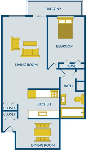 Charming floor plan displaying a cozy 1-bedroom with ample living room, well-equipped kitchen, and inviting dining area, complemented by a private balcony.