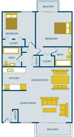 Modern floor plan showcasing two bedrooms, each with a private balcony, two baths, open-concept living and dining area, and a well-designed kitchen.