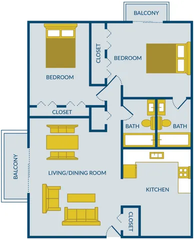 Elegant floor plan showcasing a spacious 2-bedroom apartment with dual balconies, open living and dining area, and a modern kitchen.