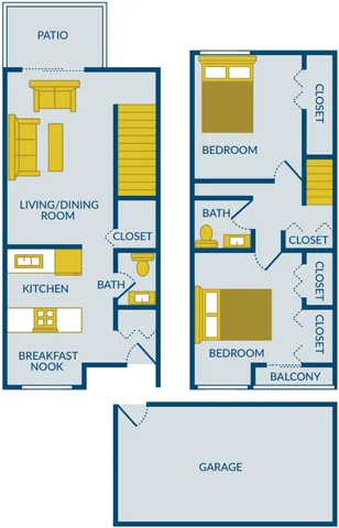 Inviting 2D floor plan with 2 cozy bedrooms, a spacious living/dining area, modern kitchen, breakfast nook, and private balcony. Includes a convenient garage and charming outdoor patio.