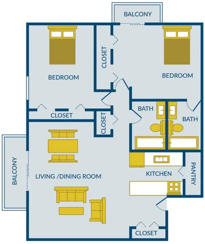 Inviting 2D floor plan featuring 2 spacious bedrooms, stylish open living and dining area, modern kitchen with pantry, 2 bathrooms, and dual balconies for enhanced living experience.