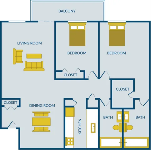 Inviting floor plan showcasing 2 spacious bedrooms, a cozy living room, a dining room, a modern kitchen, dual bathrooms, and a private balcony.