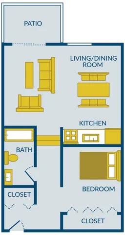 Modern floor plan featuring a cozy bedroom, sleek kitchen, spacious living/dining area, elegant bath, and a relaxing patio.