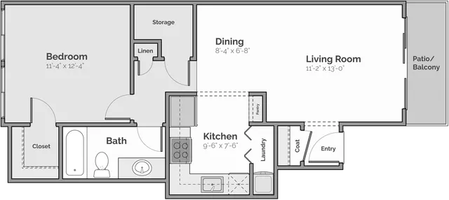 Charming apartment floor plan featuring a spacious bedroom, inviting living room, cozy dining area, and modern kitchen with stacked washer and dryer, plus a private patio.