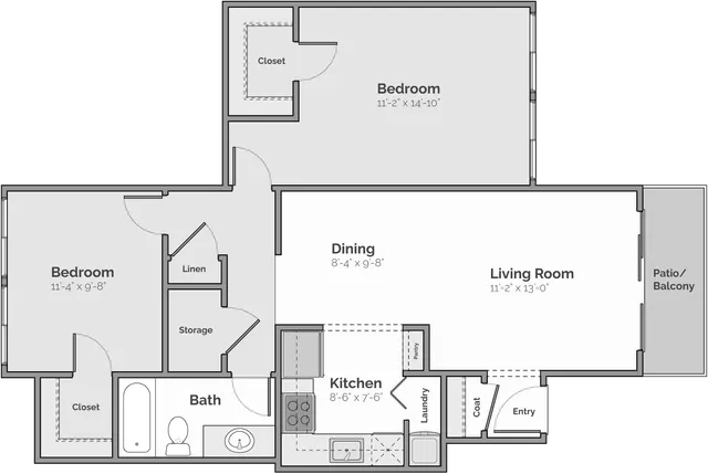 Modern floor plan showcasing 2 spacious bedrooms, an open dining and living area, cozy kitchen, and private patio. Includes bathroom, laundry, and ample storage.