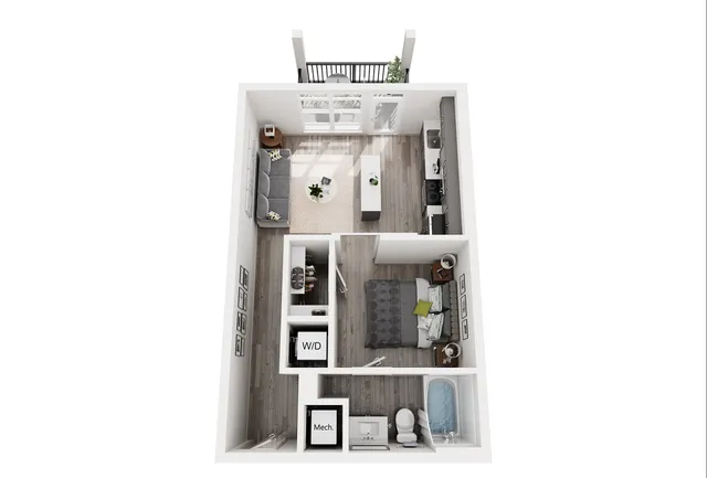 Modern 3D floor plan showcasing one-bedroom apartment with bright open living area, sleek kitchen, and cozy bedroom.