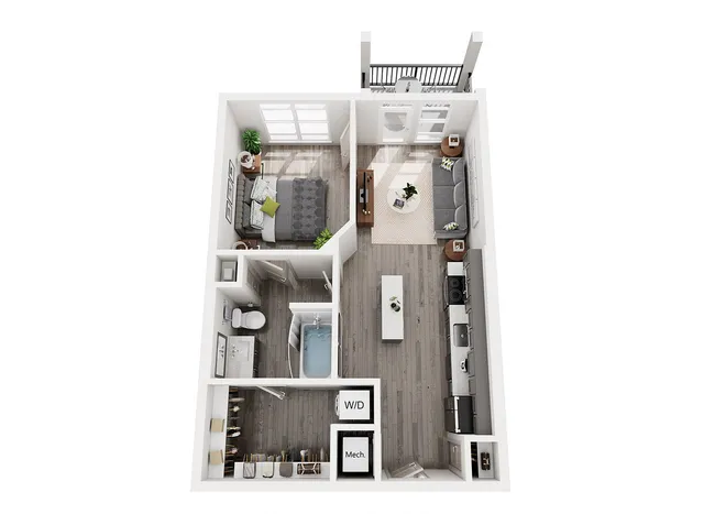 Modern 3D floor plan highlighting a spacious one-bedroom apartment with an open-concept living room, sleek kitchen, and private balcony access.