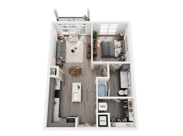 Chic 3D floor plan showcasing a cozy 1-bedroom apartment with an open-concept living space, modern kitchen, elegant bathroom, and private balcony.