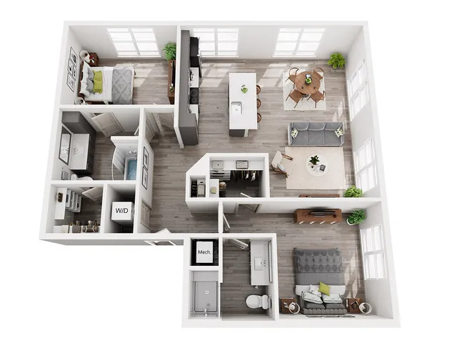 Modern 3D floor plan showcasing two spacious bedrooms, stylish open kitchen with island, cozy living area, and chic dining space.