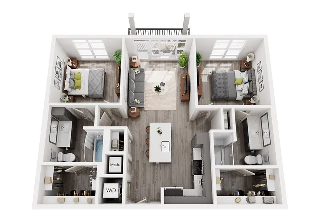 Modern 3D floor plan showcasing 2 bedrooms, open-concept living and dining area, and a sleek kitchen with island seating.