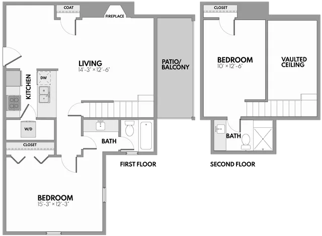 Chic floor plan with 2 bedrooms, open living area with fireplace, and a spacious balcony. Vaulted ceiling in the upstairs bedroom enhances elegance.