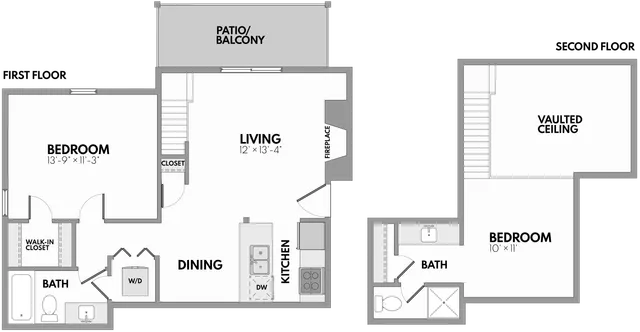 Elegant floor plan with two spacious bedrooms, vaulted ceiling, modern kitchen, and private patio balcony.