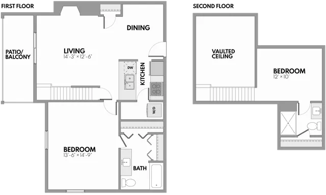 Elegant 2D apartment floor plan showcasing two levels with vaulted ceilings, featuring two bedrooms, a spacious living room with patio access, dining area, modern kitchen with dishwasher, and convenient laundry space.