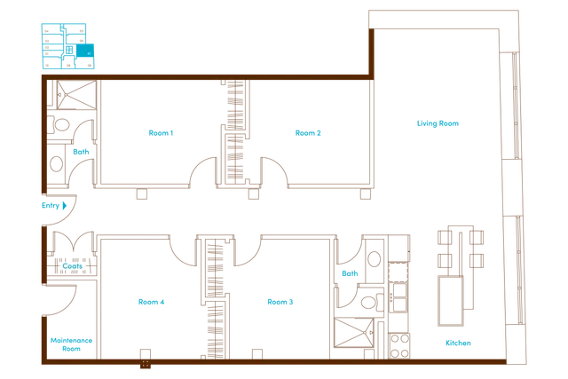 Elegant floor plan showcasing 4 spacious rooms including a kitchen, living room, and 2 bathrooms, offering a versatile layout perfect for modern living.
