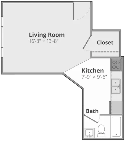 Inviting floor plan showcasing a spacious living room, modern kitchen, and convenient bathroom with closet space.