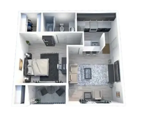 Modern 3D apartment floor plan featuring a cozy bedroom, stylish kitchen, and inviting living area with sleek contemporary design.