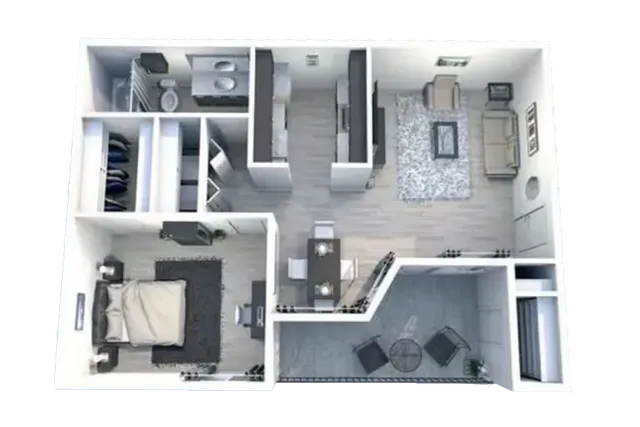 Modern floor plan showcasing a spacious one-bedroom apartment with an open living area, stylish kitchen, large bathroom, and private balcony.