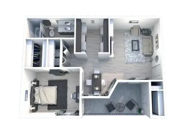 Modern apartment floor plan featuring one bedroom, a cozy bathroom, open-concept living and dining area, stylish kitchen, and a charming outdoor balcony.