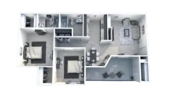 Chic 3D floor plan showcasing a modern 2-bedroom apartment with an open-concept living area, stylish dining space, and cozy outdoor patio.