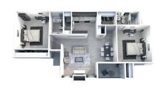 Chic 3D apartment floor plan featuring two spacious bedrooms, a modern open-concept living and dining area, and a stylish kitchen.